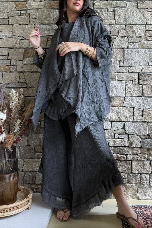 Rustic Nature Bubble Cotton Slant Frill Pant Washed Charcoal